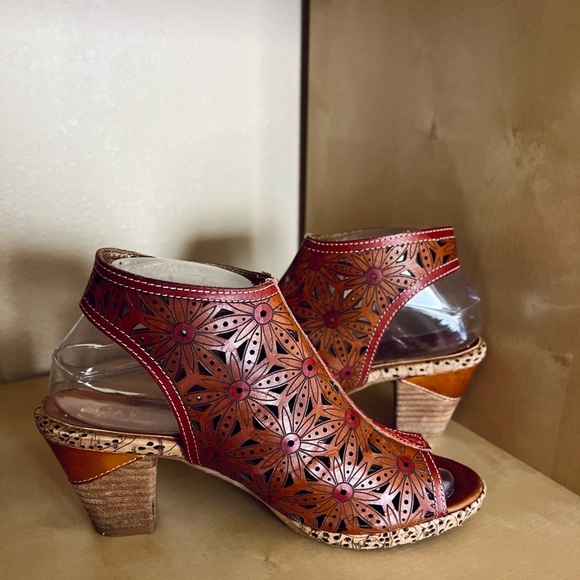 Spring Step Shoes - L'Artiste Spring Step Marjan-Cam Brown Floral Laser-Cut Leather Sling-back Heels